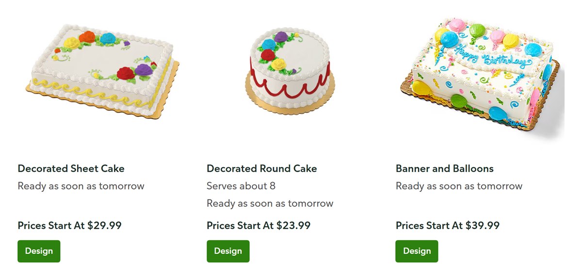 Publix decorated sheet cake from $29.99, decorated round cake from $23.99 and Banner and Balloons cake from $39.99
