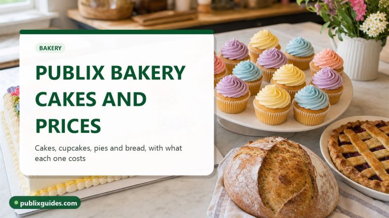 Frosted cupcakes, a crusty loaf and a lattice pie on a bakery counter