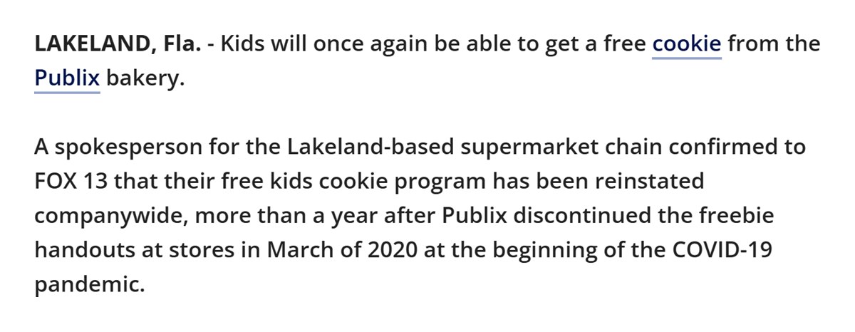 FOX 13 report that Publix reinstated its free cookie for kids companywide after pausing it in March 2020