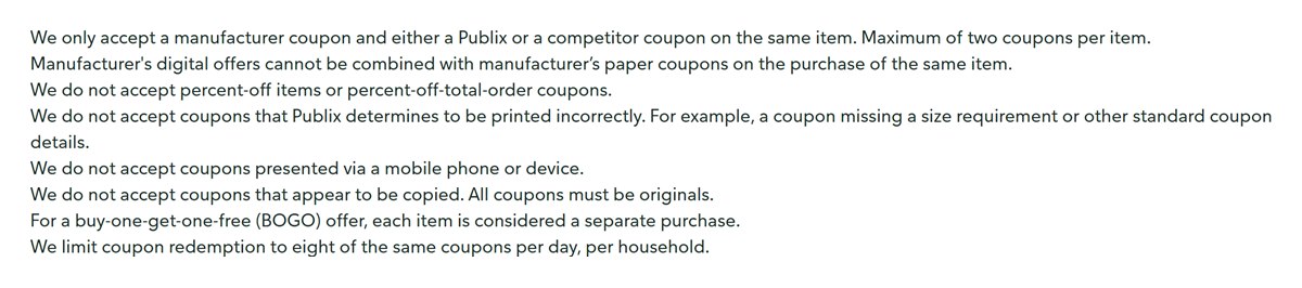 Publix coupon policy lines on two coupons per item and BOGO items counting as separate purchases