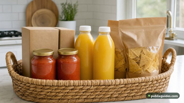 Grocery basket holding pairs of matching jars, boxes, bottles and bags