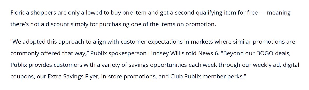 News 6 report quoting a Publix spokesperson on why Florida shoppers must buy two BOGO items