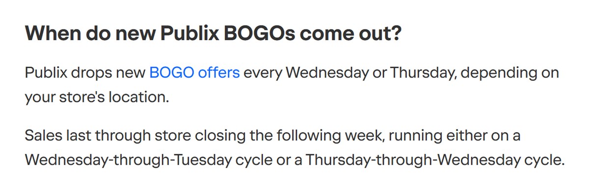 USA TODAY Network report that new Publix BOGO deals start every Wednesday or Thursday