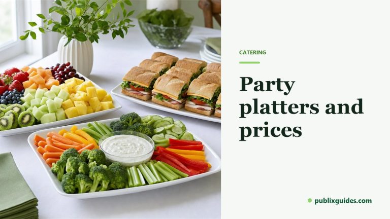 Party buffet with a fresh fruit platter, a vegetable tray with dip and a platter of sub sandwiches