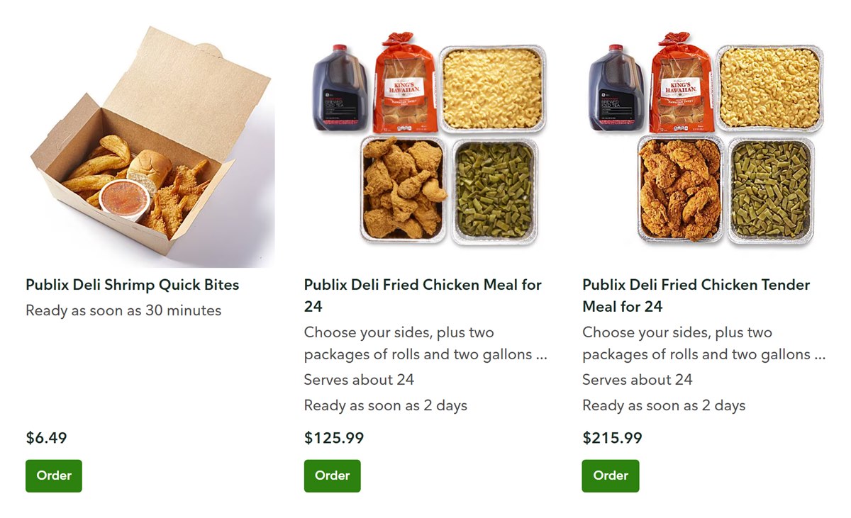 Publix catering hot meals including the Fried Chicken Meal for 24 at $125.99 and the tender meal for 24 at $215.99