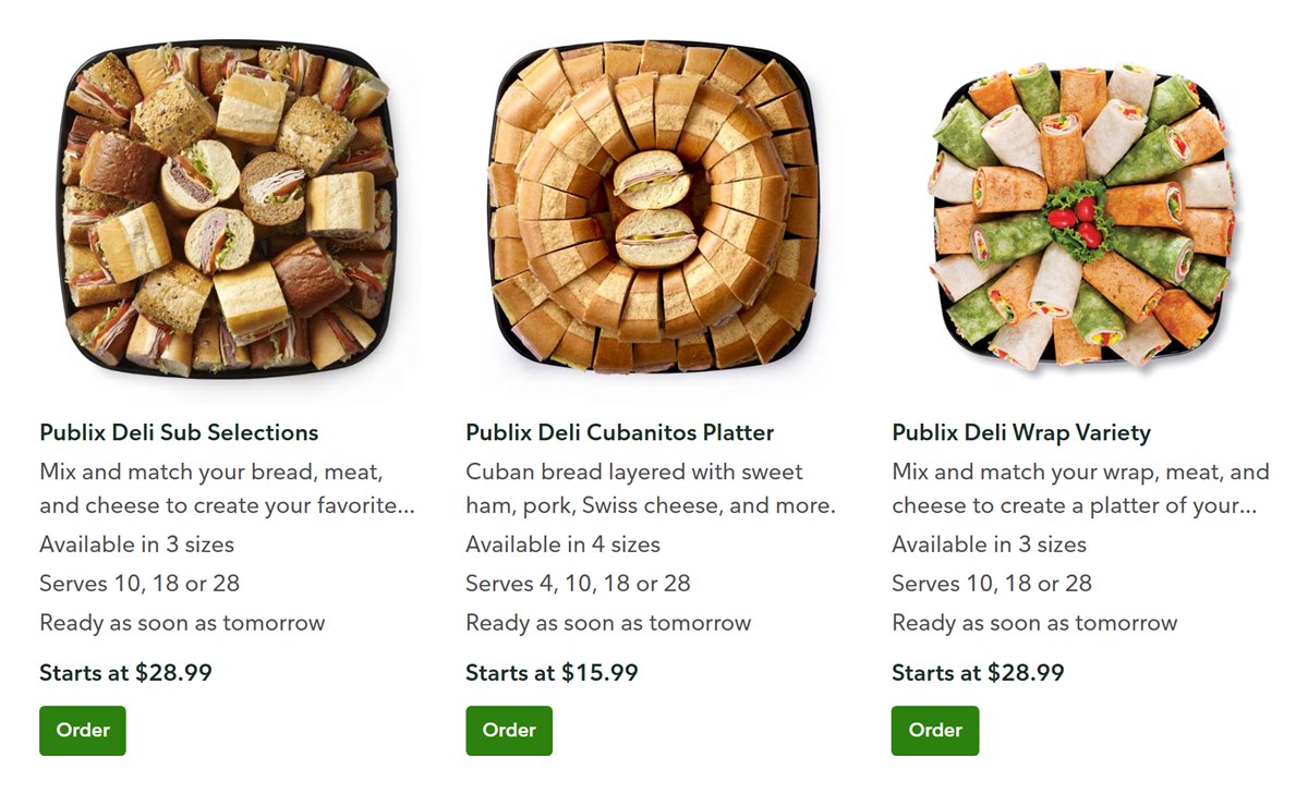 Publix Sub Selections, Cubanitos and Wrap Variety platters on the catering menu with starting prices