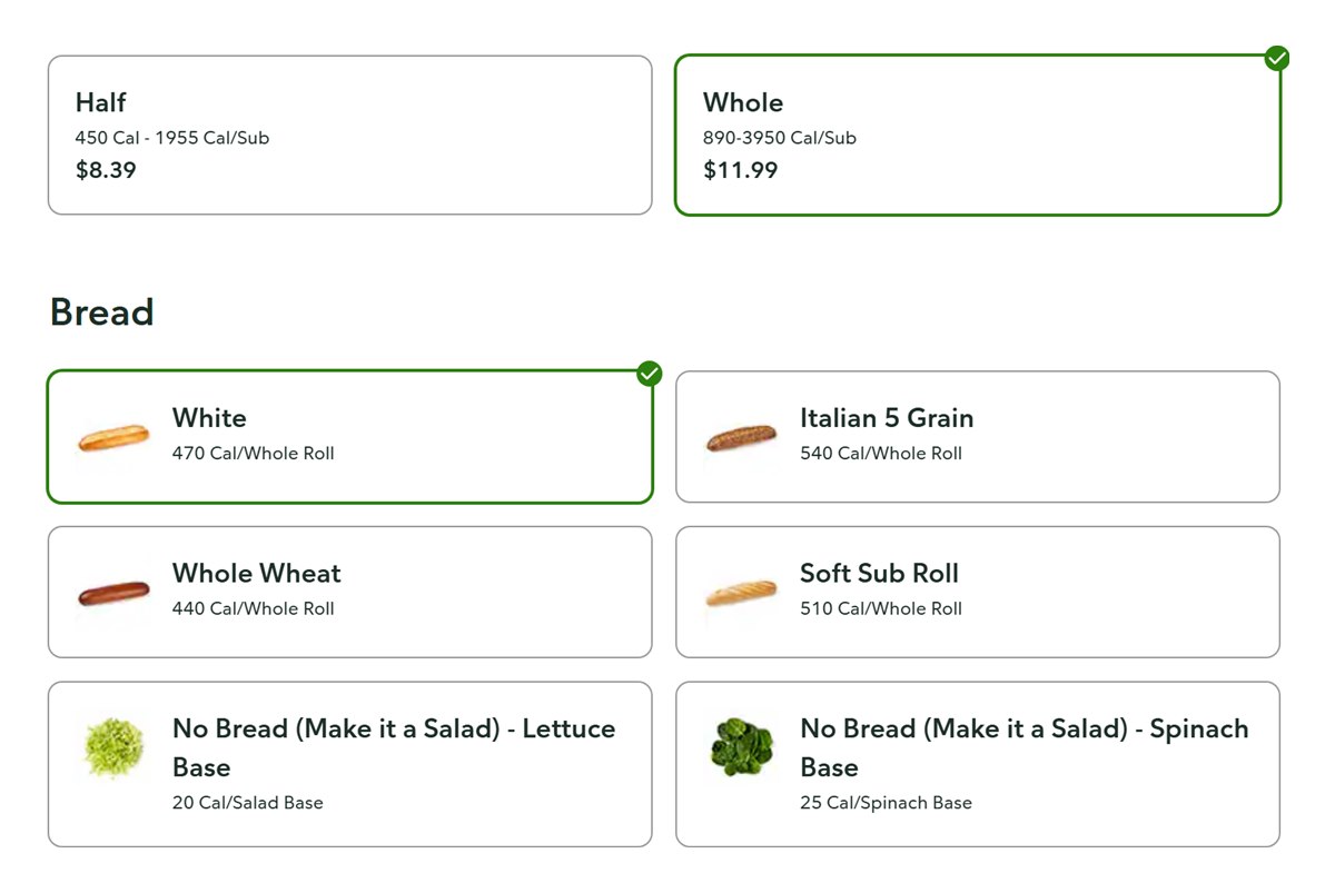 Publix Chicken Tender Sub builder with a half for $8.39, a whole for $11.99 and the bread choices