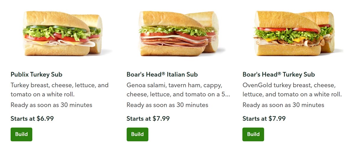Publix Turkey Sub from $6.99 next to Boar's Head Italian and Turkey subs from $7.99 on the Publix subs menu