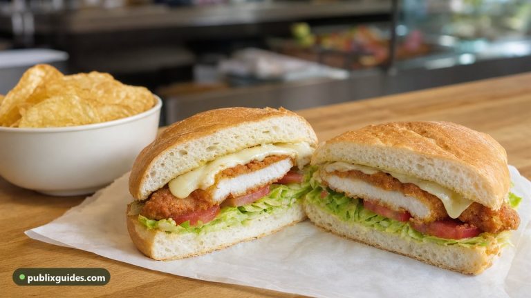 Chicken tender sub cut in half on white deli paper with a bowl of kettle chips