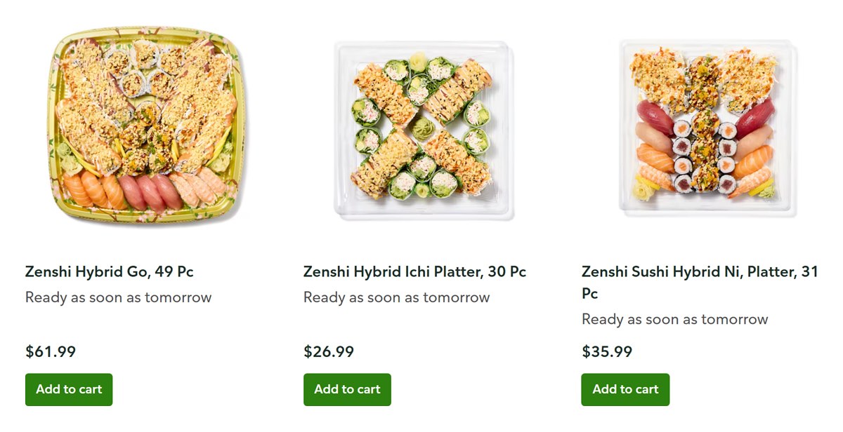 Zenshi sushi platters on the Publix catering menu at $61.99, $26.99 and $35.99