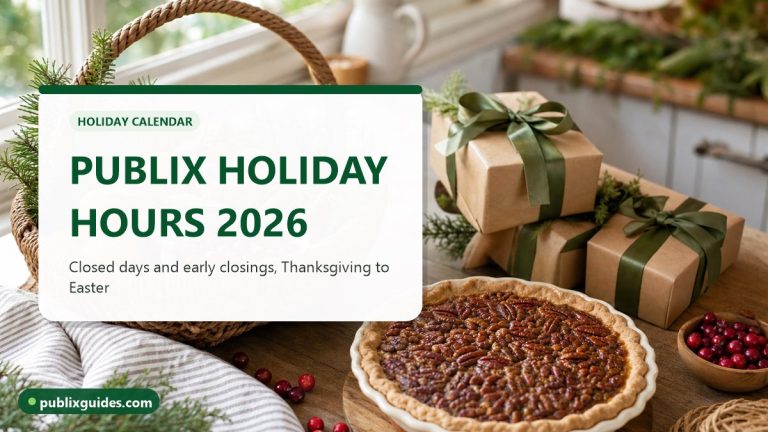 Holiday basket with cranberries, clementines, pine sprigs and a pecan pie on a kitchen table