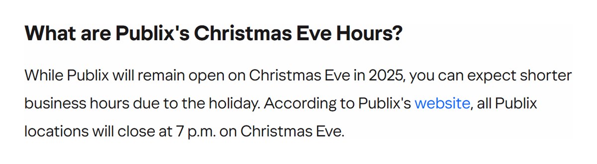 Parade report that Publix stores closed at 7 p.m. on Christmas Eve 2025