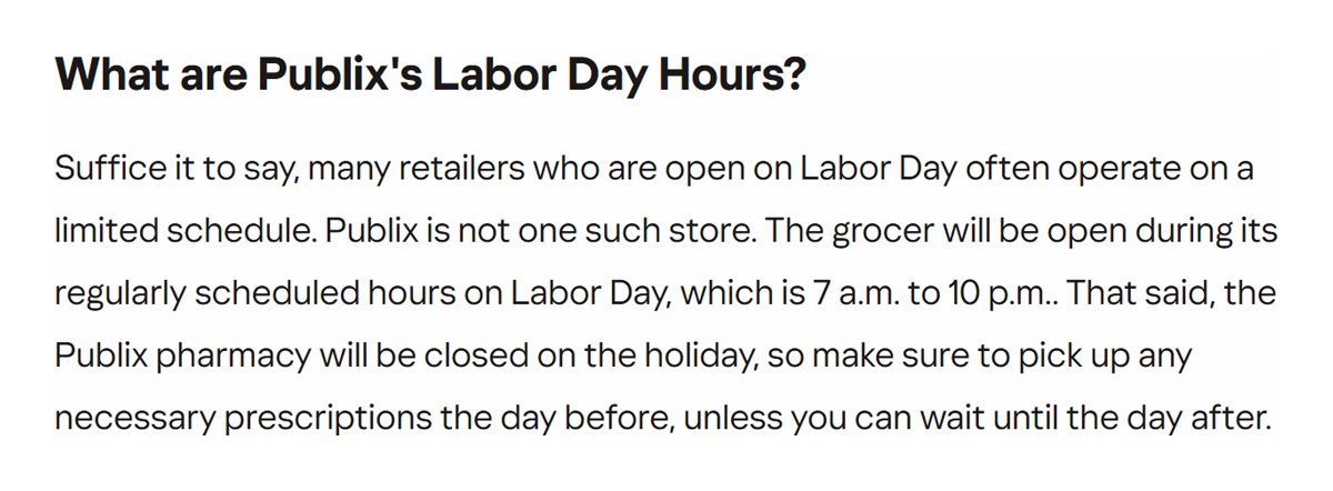 Parade report on Publix store hours and the pharmacy closure on Labor Day 2026