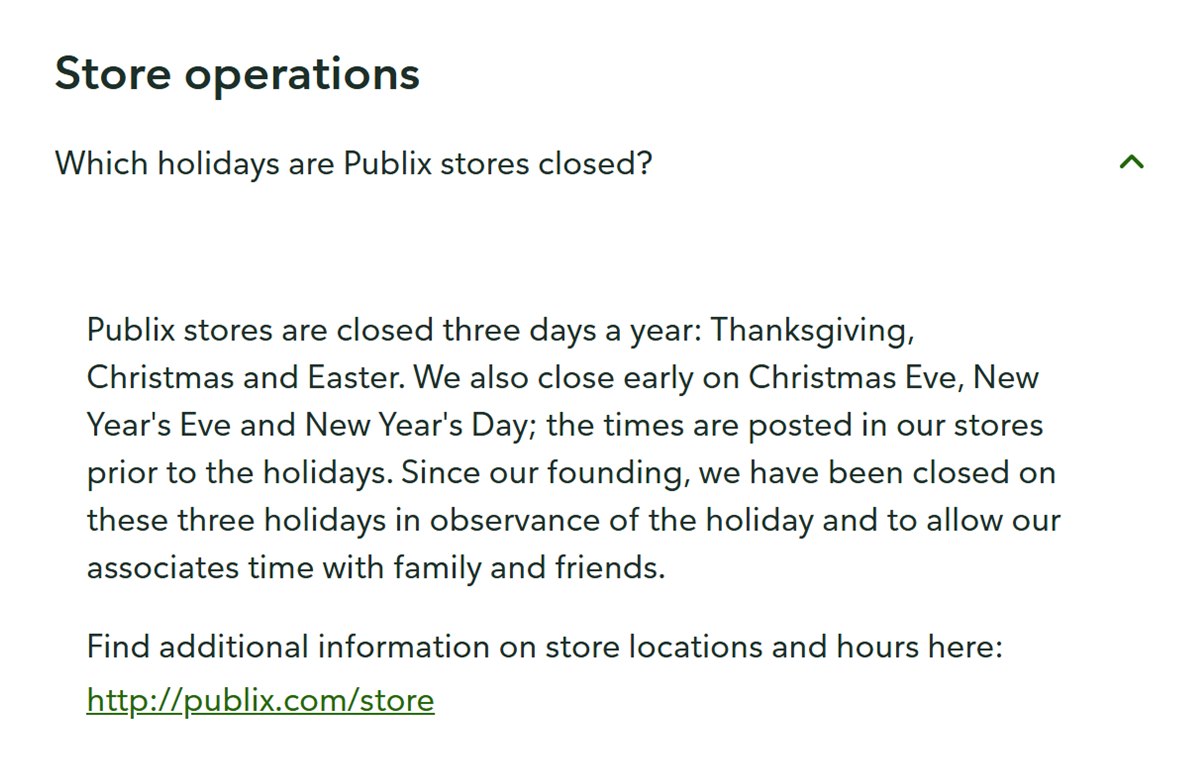 Publix newsroom answer listing the three holidays stores close and the three early closing days