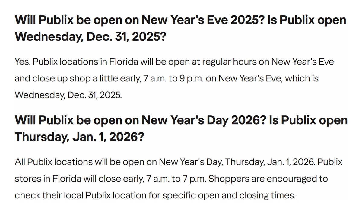 USA TODAY Network report on Florida Publix hours for New Year's Eve 2025 and New Year's Day 2026
