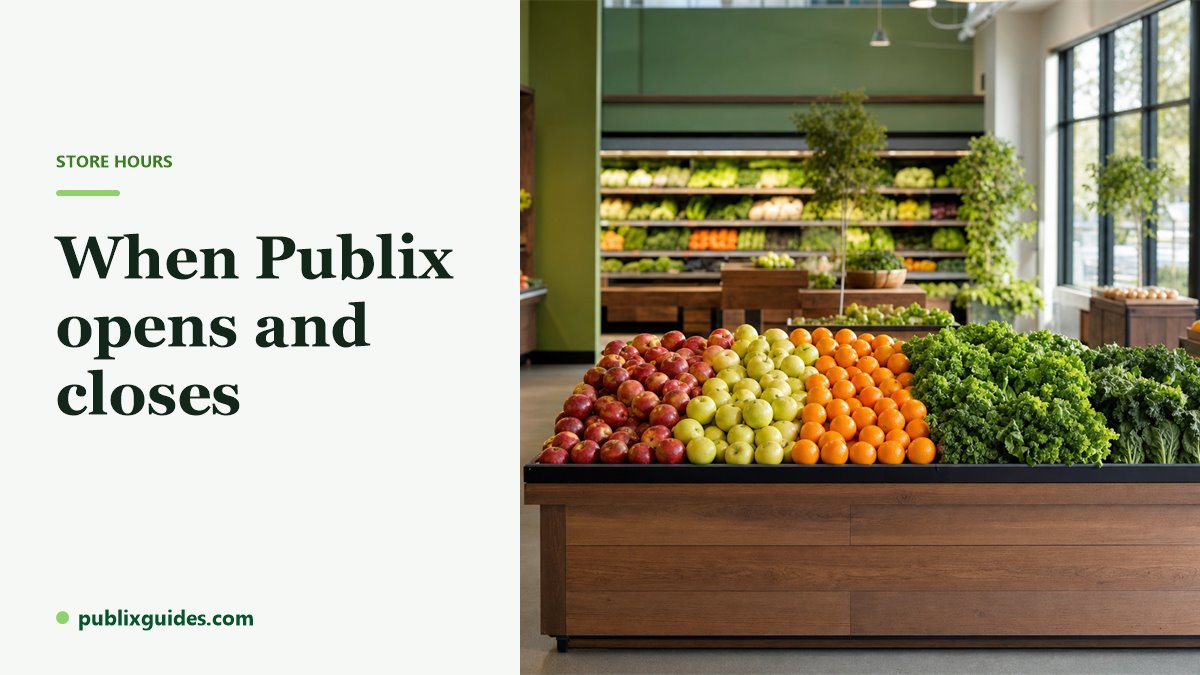 Fresh fruit and greens stacked on display tables in a bright supermarket at opening time