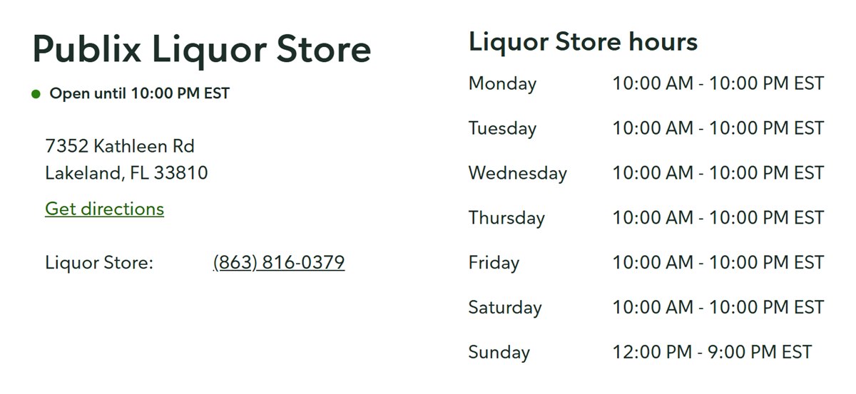 Publix Liquor Store hours at Kathleen Square in Lakeland, Florida, with Sunday hours of noon to 9 p.m.