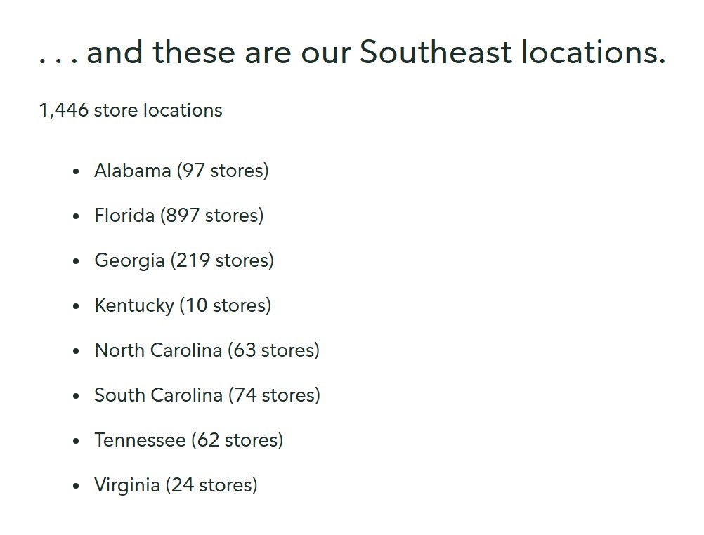 Publix facts page listing 1,446 stores and the number of stores in each of eight states