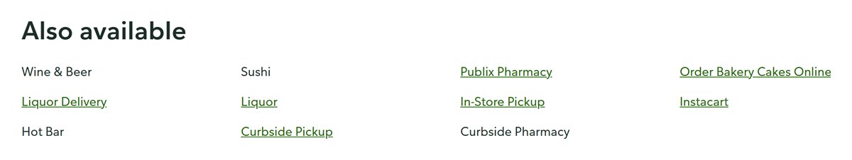 Also available list on a Publix store page showing Publix Pharmacy and Curbside Pharmacy