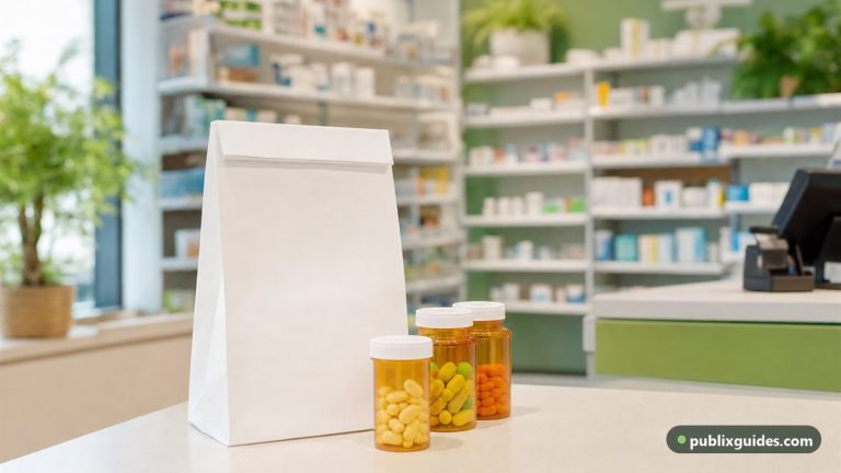 Prescription bag and amber pill bottles on a bright pharmacy counter