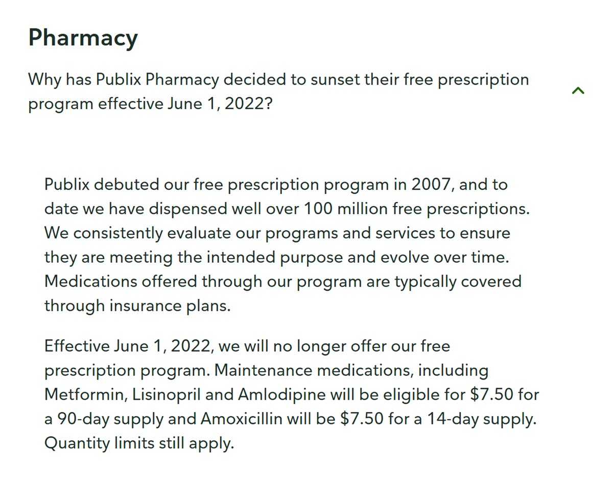 Publix newsroom answer about ending the free prescription program on June 1, 2022