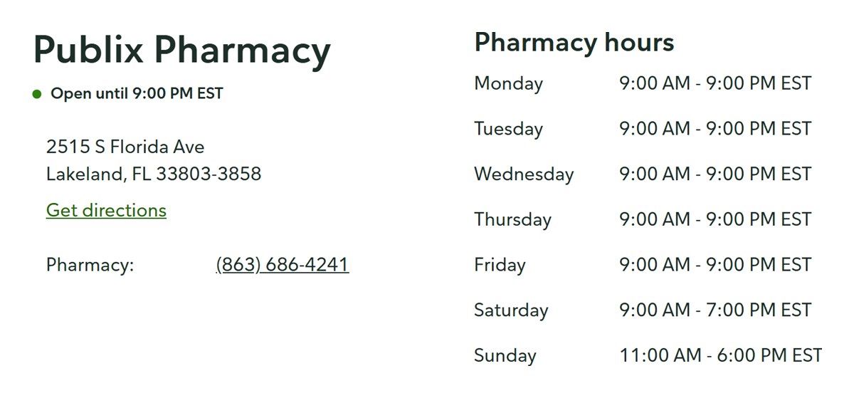 Pharmacy hours listed on the Publix store page for Southgate Shopping Center in Lakeland, Florida