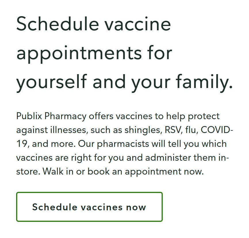 Publix vaccines page saying pharmacists give vaccines in store and customers can walk in or book