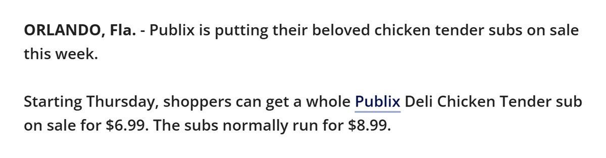 FOX 35 Orlando report of a whole Chicken Tender Sub on sale for $6.99 in November 2019