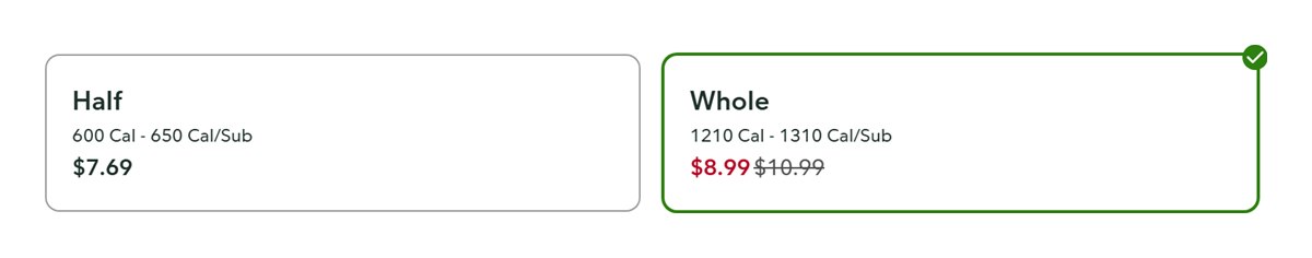 Publix sub builder showing the half at $7.69 and the whole at $8.99, down from $10.99