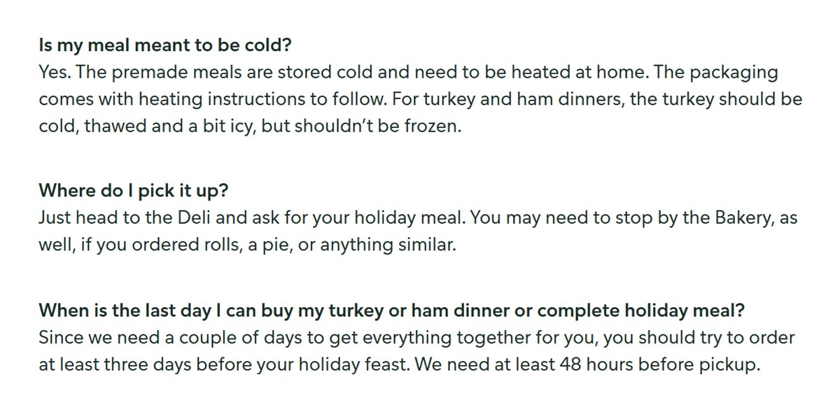Publix holiday meals FAQ on cold meals, deli pickup and ordering 48 hours ahead