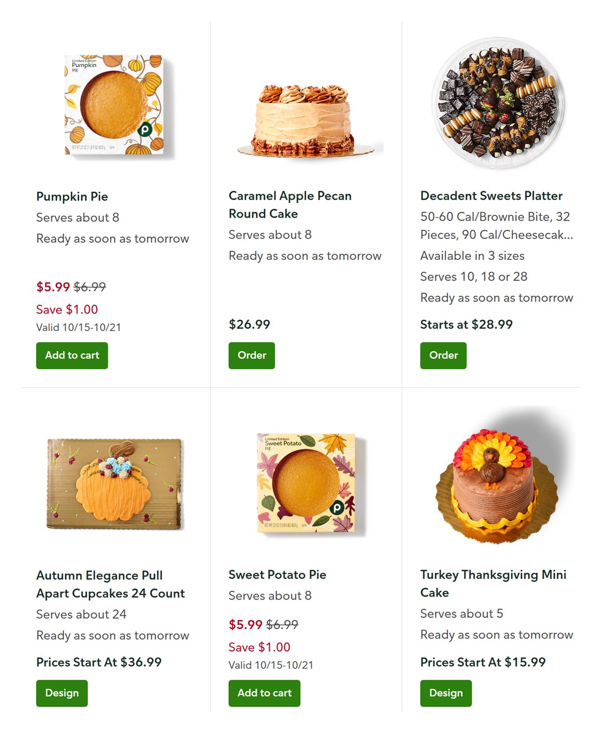 Publix Thanksgiving desserts with prices, including pumpkin and sweet potato pies on sale for $5.99