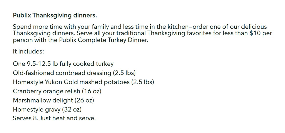 Publix Thanksgiving page listing what comes in the Complete Turkey Dinner for 8